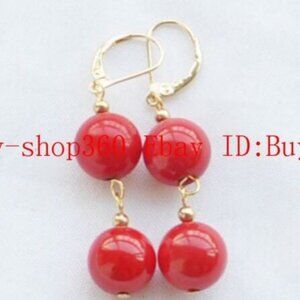 NWOT Natural 8mm Red Coral Gemstone Round Bead Earrings Gold Lever Lock Drop 2"